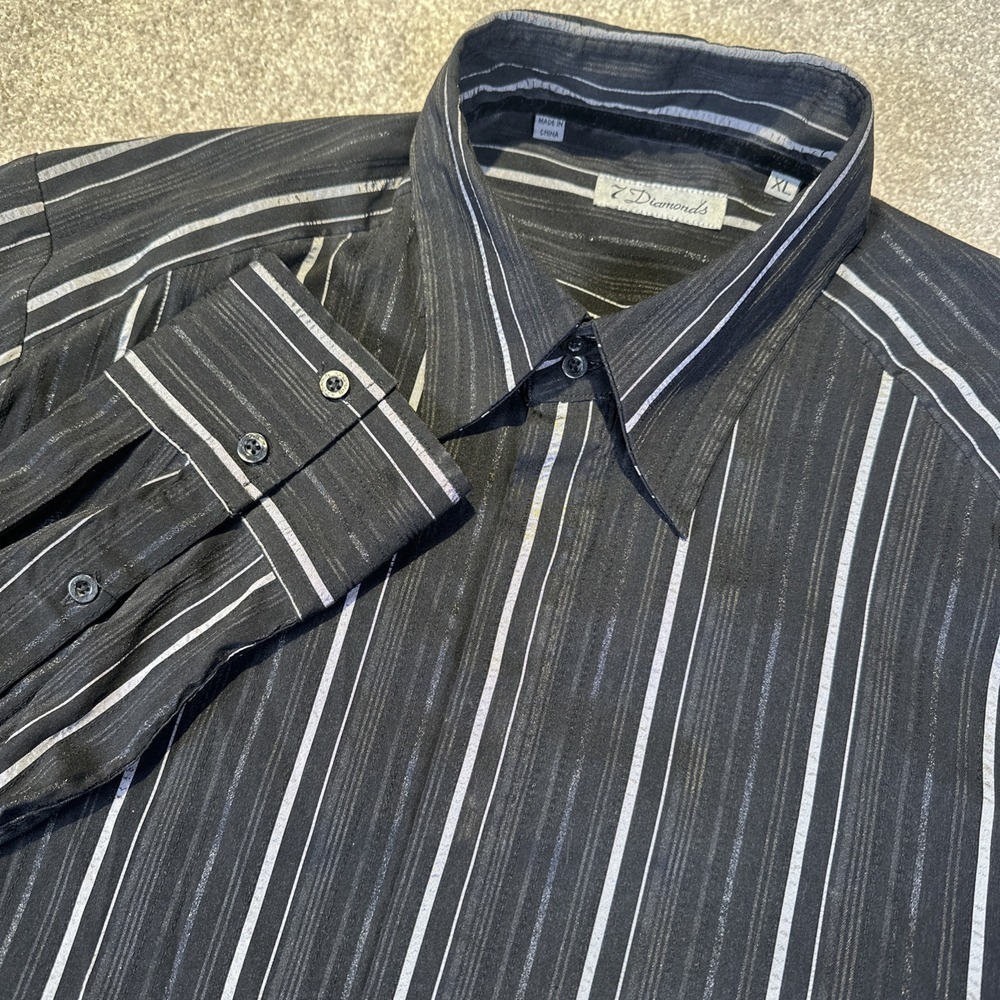 7 Diamonds Hidden Buttondown Shirt Mens XL‎ Silver Striped Long Sleeve Stretch
